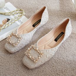 Women's flats; stylish casual shoes; square buckles; snowflakes; rhinestones; pressed pleats - Apricot - 38