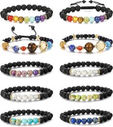 10 Pieces Lava Rock Chakra Bracelets Stress Relief Yoga Beads Aromatherapy Essential Oil Diffuser Elastic Bracelets for Women Men - default