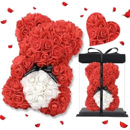 10" Rose Teddy Bear - Artificail Everlasting Flower for Window Display - Anniversary Christmas Valentines Gift - Clear Gift Box Included - bright red