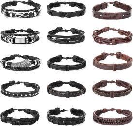 15pcs Braided Leather Bracelet for Men Women Cuff Wrap Bracelet Ethnic Tribal Bracelets Adjustable and Brown - default