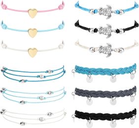 12PCS Women's Beach Turtle/Coin/Heart Ankle Bracelets Waterproof Rope Boho Layered Beach Adjustable Chain Anklet Friendship Gift - default