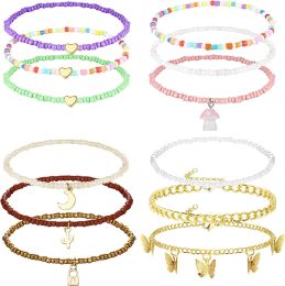 12 Pcs Boho Beaded Anklets for Women Elastic Colorful Seed Bead Anklets Butterfly Ankle Bracelets Foot Adjustable; Cubic Zirconia - default