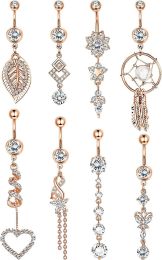 8Pcs 14G Dangle Belly Button Rings for Women Curved Navel Ring CZ Body Piercing 316L Stainless Belly Button Rings Dangle Set - default