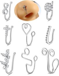 African Nose Cuff Non Piercing 316L Stainless Fake Nose Ring for Women Men Faux Nose Rings Clip on Adjustable 8 Pcs - default