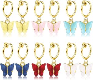 6 Pairs Butterfly Clip On Hoop Earrings for Women Drop Dangle Hoop Earrings Non Pierced Earrings Set - default