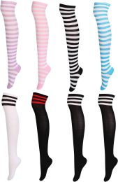 8 Pairs Long Thigh High Socks for Women Girls Striped Knee High Leg Warmers - default