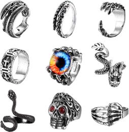 9 Pieces Vintage Punk Rings Octopus Dragon Snake Adjustable Ring for Men Women Silver Black Claw Skull Gothic Open Retro Ring - default