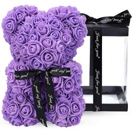 10" Rose Teddy Bear - Artificail Everlasting Flower for Window Display - Anniversary Christmas Valentines Gift - Clear Gift Box Included - purple