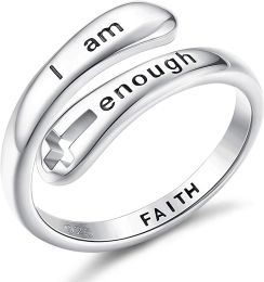 925 Sterling Silver Rings I am Enough Inspirational Rings Faith Christian Cross Encouragement Statement Rings for Women Men - default