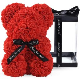 10" Rose Teddy Bear - Artificail Everlasting Flower for Window Display - Anniversary Christmas Valentines Gift - Clear Gift Box Included - red