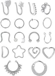 16Pcs 16G-20G Nose Rings Hoop for Men Women Fake Nose Clip On Earrings Daith Helix Tragus Cartilage Rook Piercing Jewelry - default