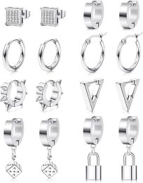 8 Pairs Black Silver Stainless Earrings for Men CZ Square Stud Earring Huggie Hoop Lock Dangle Mens Earring Set - default