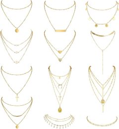 12 PCS Layered Choker Necklace for Women Sexy Y Necklace Bar Cross Pearl Multilayer Choker Chain Necklace Set - default