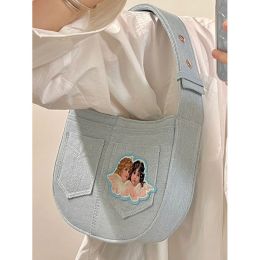Angel Embroidery Water Wash Sewing Hot Girl Bag (Option: Denim-Bag with embroidery)
