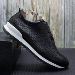 Embossed Thick Sole Brushed Casual Shoes Fashion Breathable Four Seasons Cowhide (Option: Black-46)