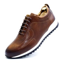 Embossed Thick Sole Brushed Casual Shoes Fashion Breathable Four Seasons Cowhide (Option: Brown-48)